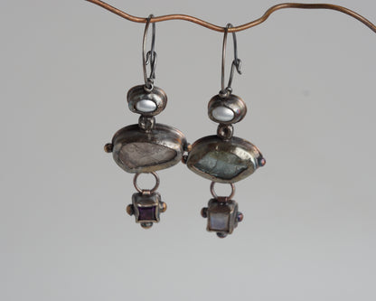 Mismatched Earrings with Aquamarine, Moonstone, Pearl, Rose Quartz & Amethyst