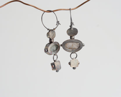 Mismatched Earrings with Aquamarine, Moonstone, Pearl, Rose Quartz & Amethyst