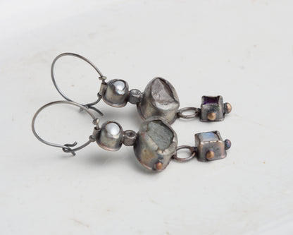 Mismatched Earrings with Aquamarine, Moonstone, Pearl, Rose Quartz & Amethyst