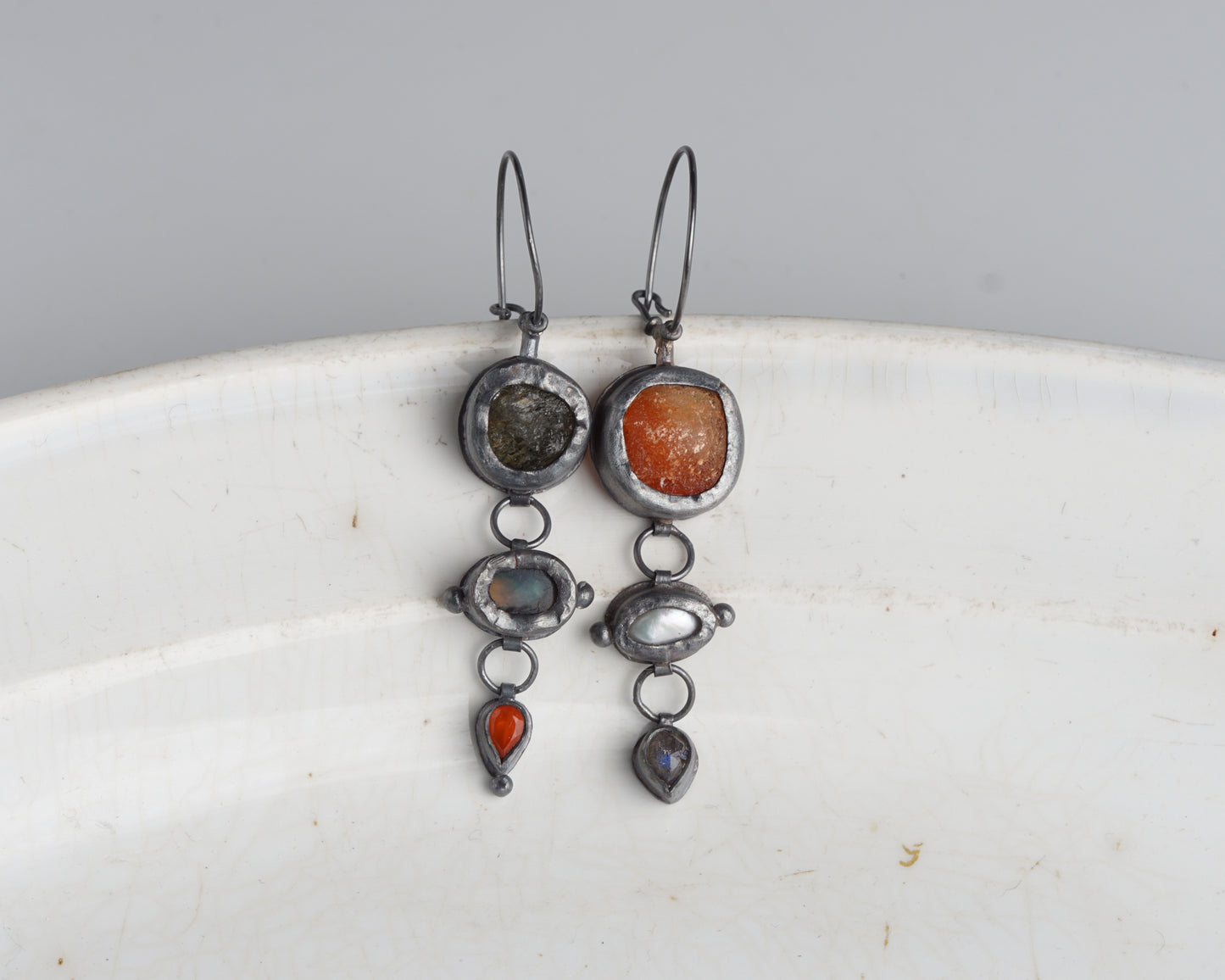 Actinolite Quartz, Ethiopian Opal, Carnelian & Fire Opal, Pearl & Labradorite Earrings