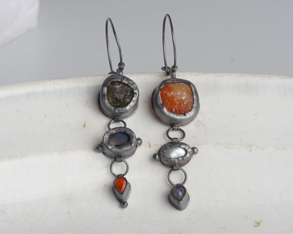 Actinolite Quartz, Ethiopian Opal, Carnelian & Fire Opal, Pearl & Labradorite Earrings