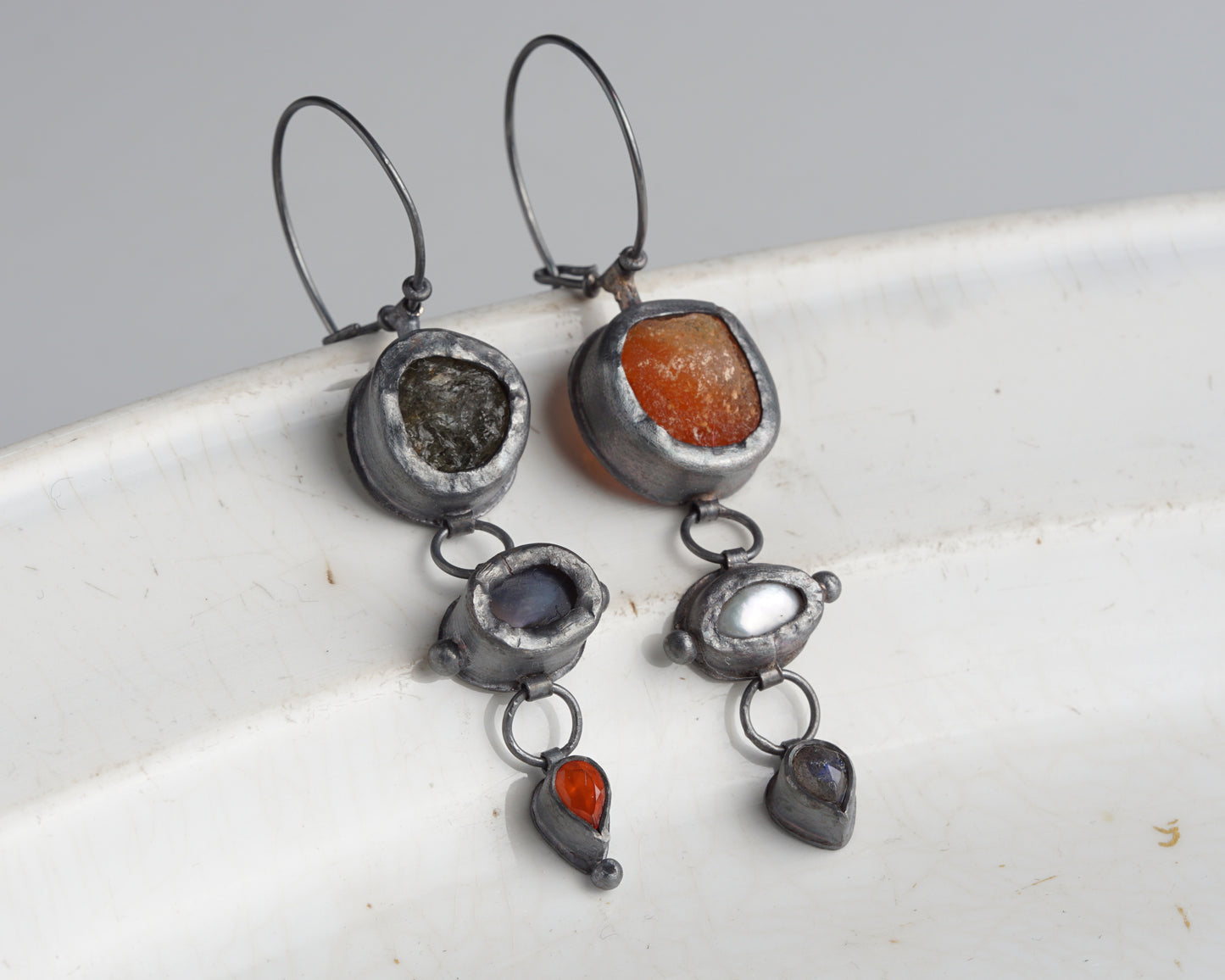 Actinolite Quartz, Ethiopian Opal, Carnelian & Fire Opal, Pearl & Labradorite Earrings