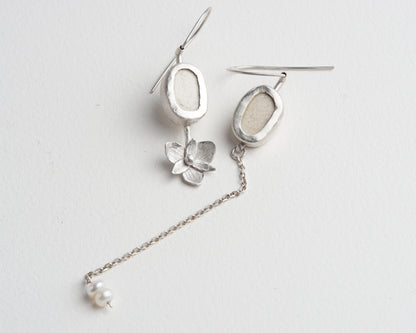 Asymmetrical Sterling Silver Earrings with Upcycled Vintage Porcelain and Pearl Detail