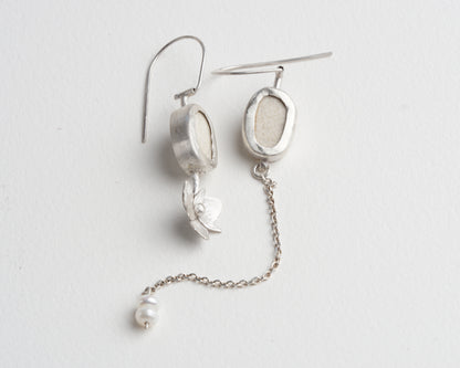 Asymmetrical Sterling Silver Earrings with Upcycled Vintage Porcelain and Pearl Detail