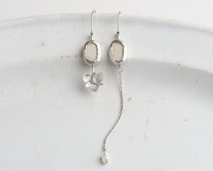 Asymmetrical Sterling Silver Earrings with Upcycled Vintage Porcelain and Pearl Detail