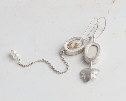 Asymmetrical Sterling Silver Earrings with Upcycled Vintage Porcelain and Pearl Detail
