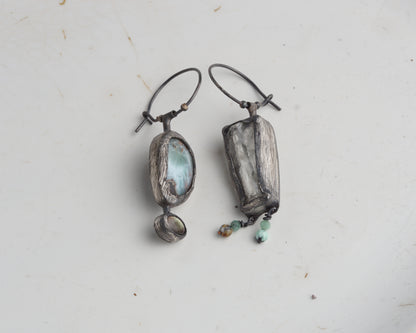 Asymmetrical Larimar and Prasiolite Earrings with Emerald Beads and Abalone Shell