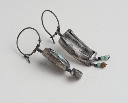 Asymmetrical Larimar and Prasiolite Earrings with Emerald Beads and Abalone Shell