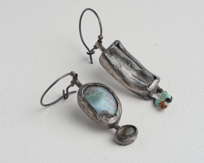 Asymmetrical Larimar and Prasiolite Earrings with Emerald Beads and Abalone Shell
