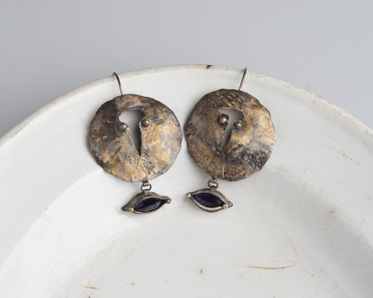 Handcrafted Forged Silver Earrings with Gold Plating and Marquise Iolite