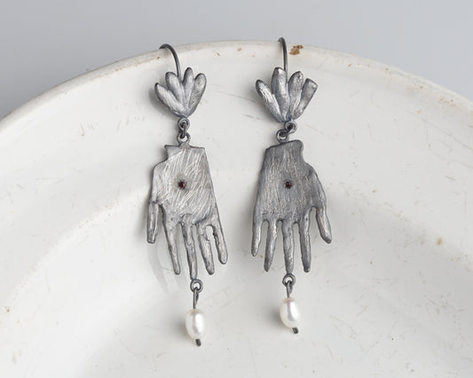 Sterling Silver Hand Earrings with Ruby and Pearl