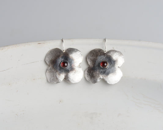 Handcrafted Silver Flower Earrings with Natural Ruby