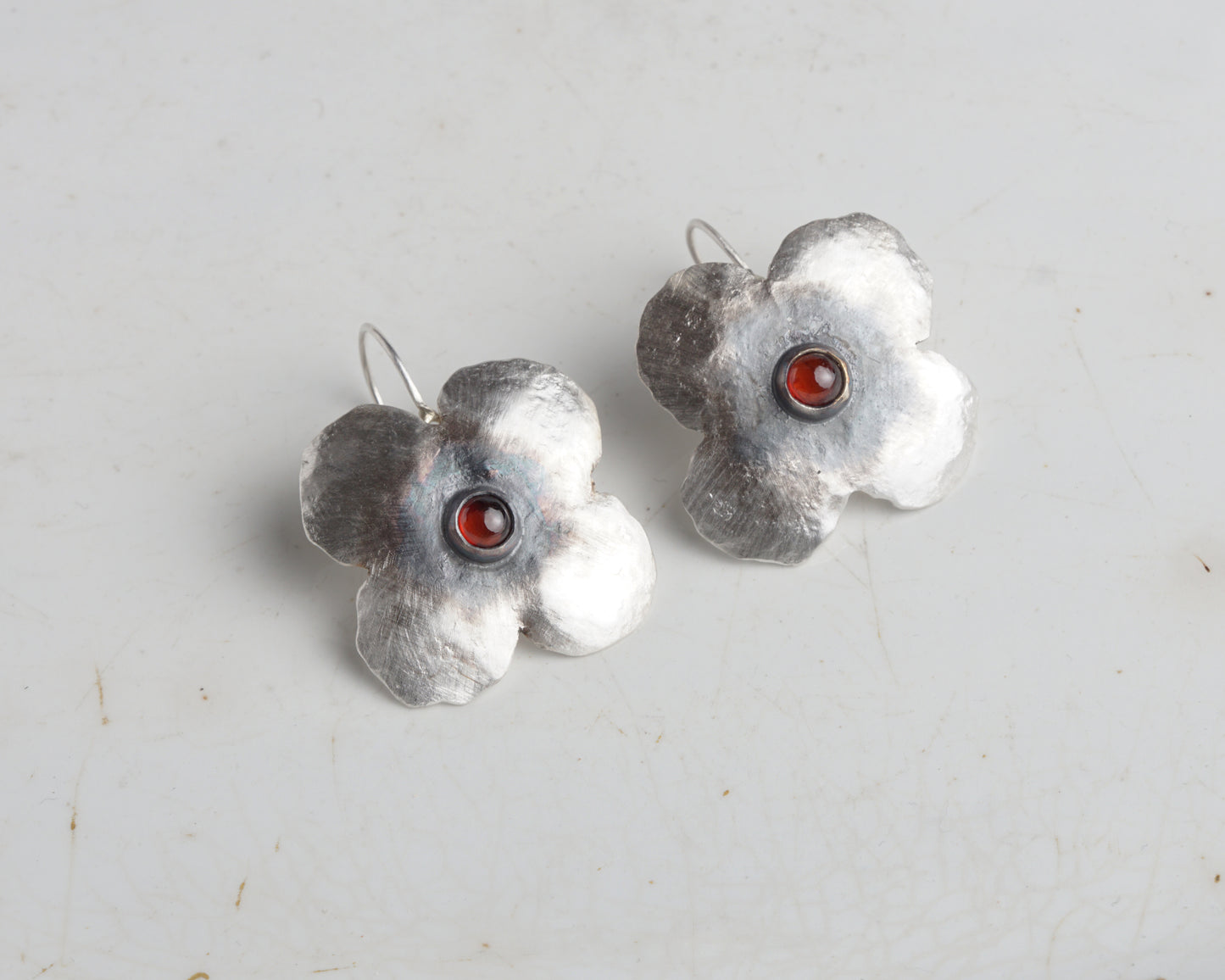Handcrafted Silver Flower Earrings with Natural Ruby