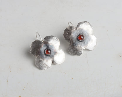 Handcrafted Silver Flower Earrings with Natural Ruby