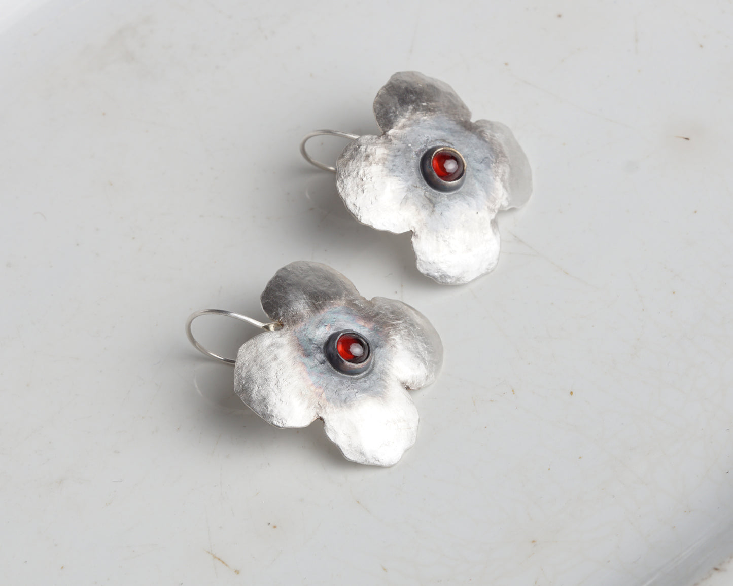 Handcrafted Silver Flower Earrings with Natural Ruby