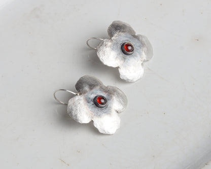 Handcrafted Silver Flower Earrings with Natural Ruby