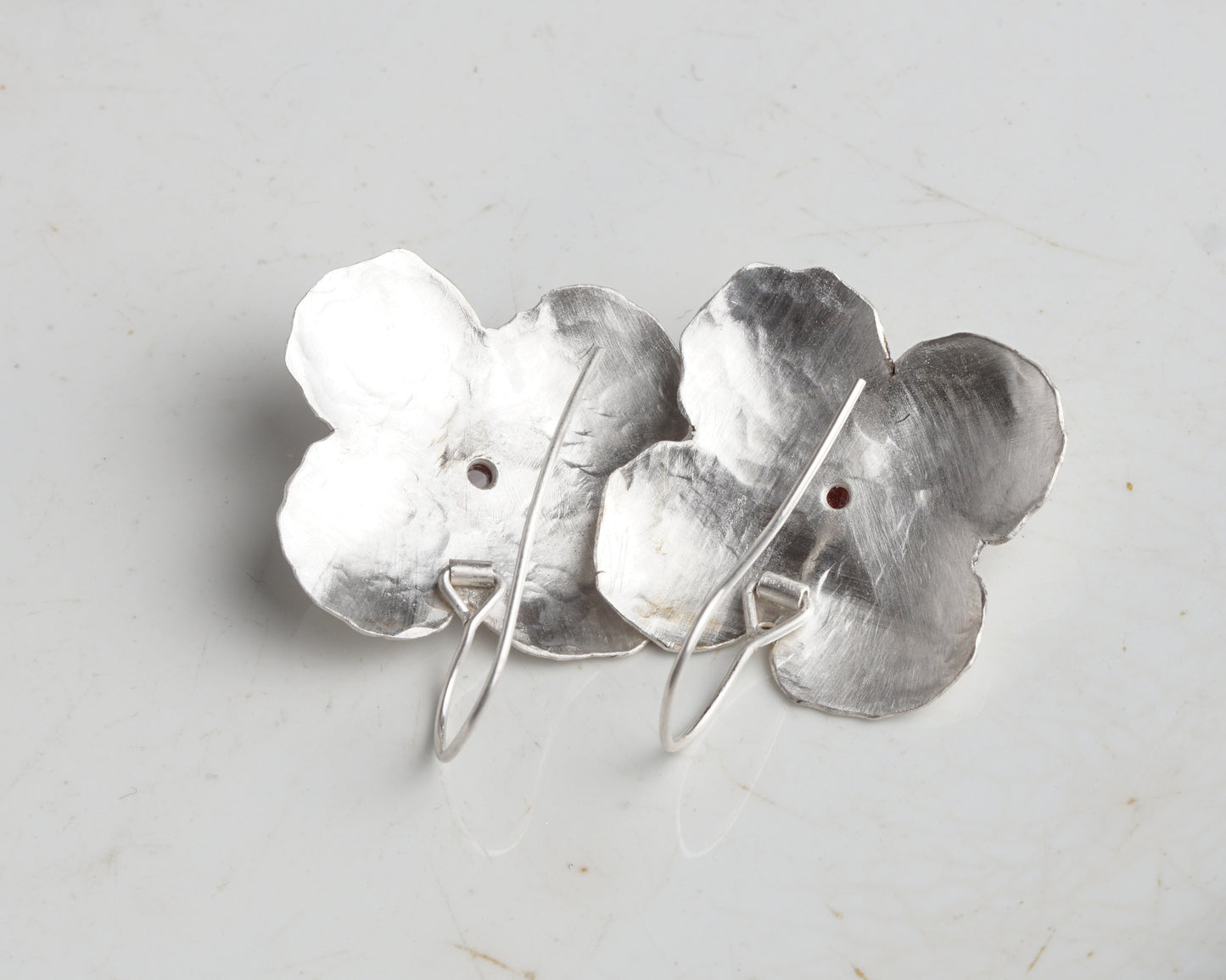Handcrafted Silver Flower Earrings with Natural Ruby