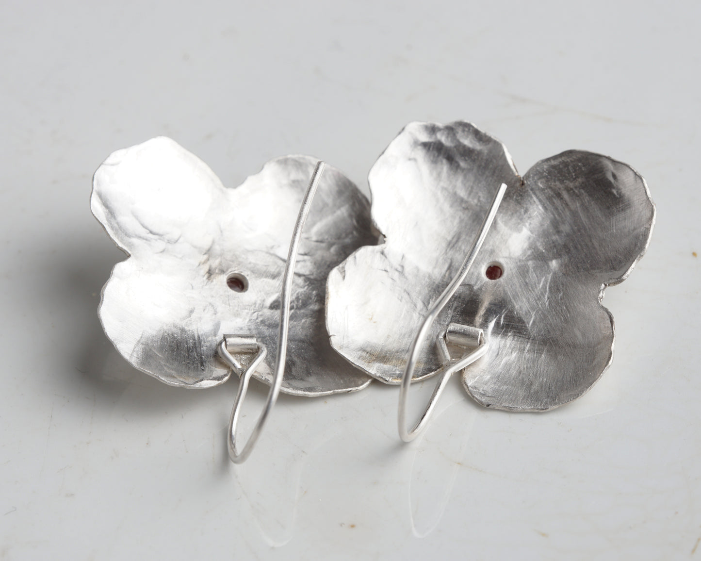 Handcrafted Silver Flower Earrings with Natural Ruby