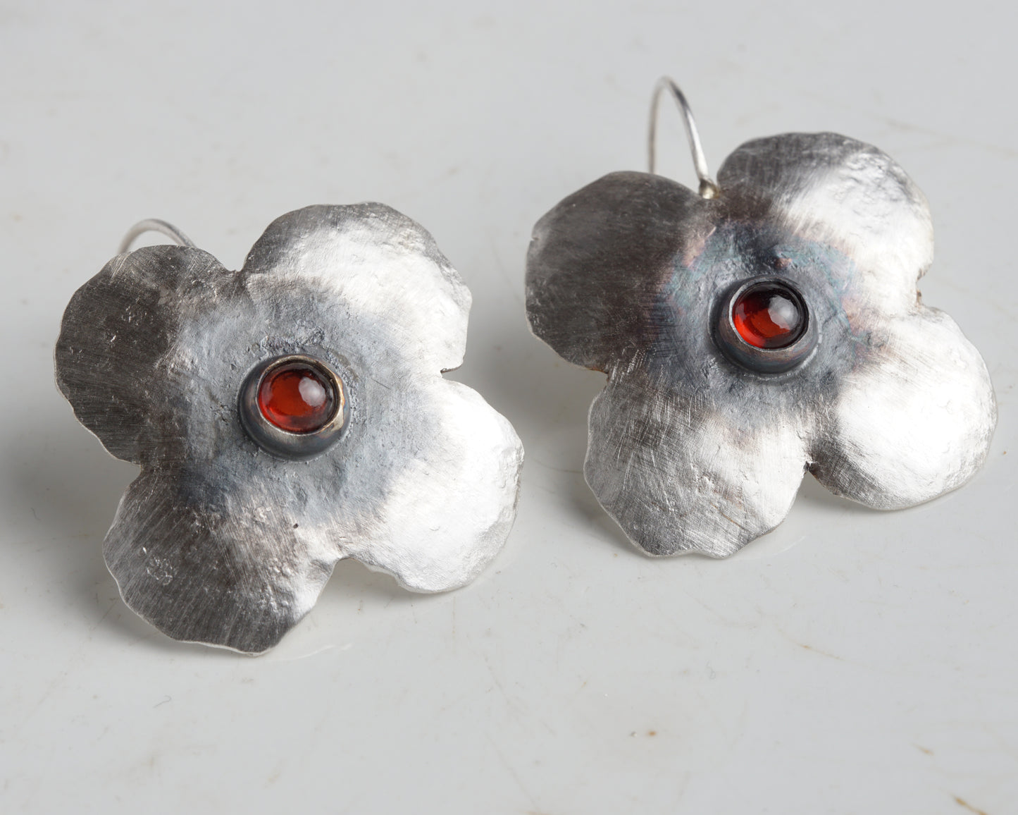 Handcrafted Silver Flower Earrings with Natural Ruby