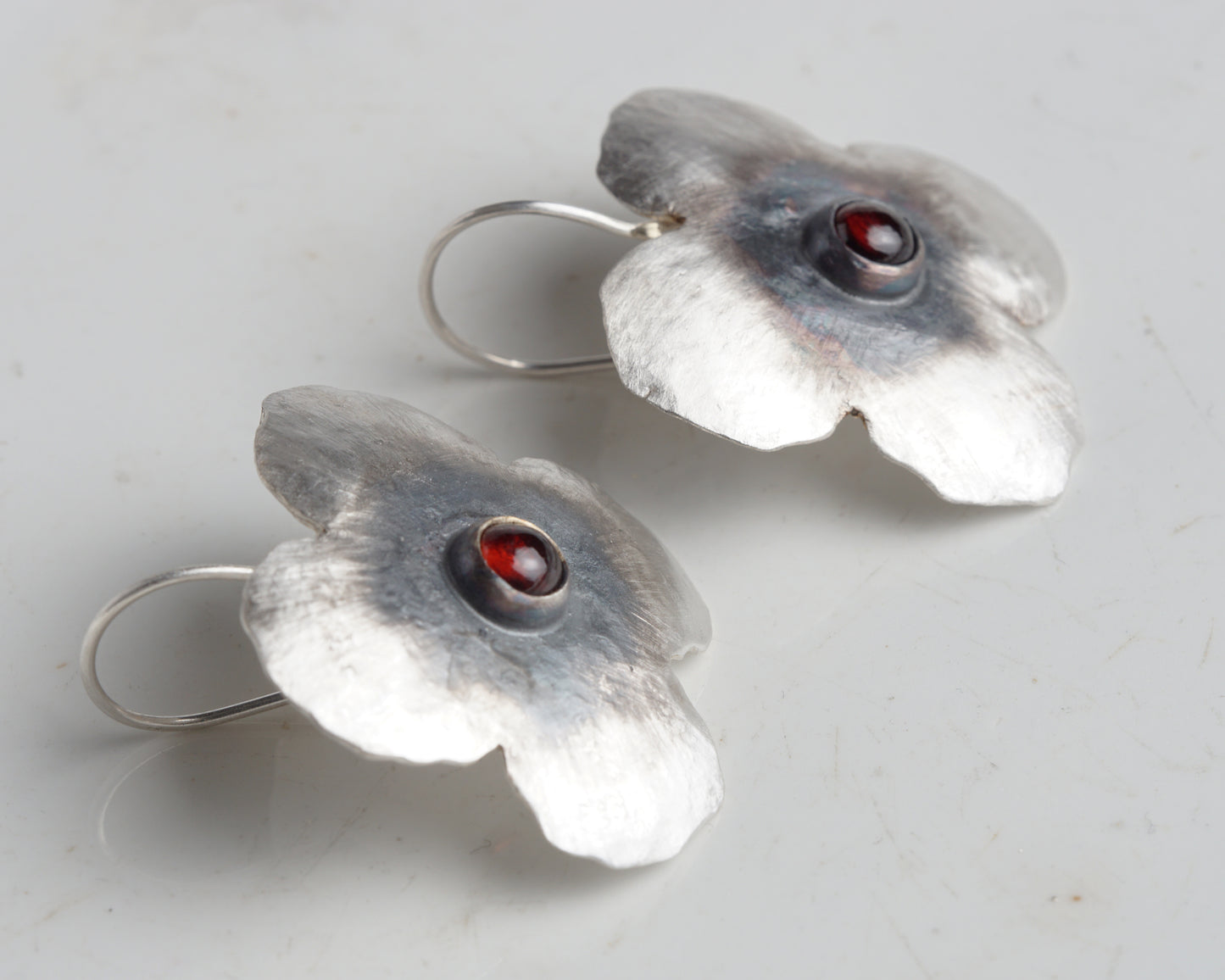 Handcrafted Silver Flower Earrings with Natural Ruby