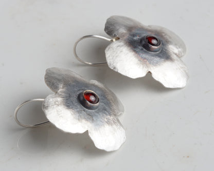 Handcrafted Silver Flower Earrings with Natural Ruby
