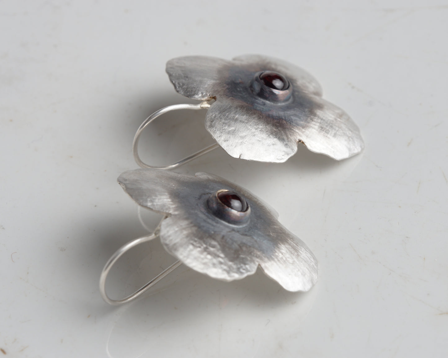 Handcrafted Silver Flower Earrings with Natural Ruby