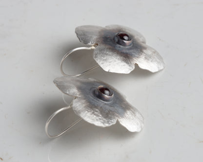 Handcrafted Silver Flower Earrings with Natural Ruby