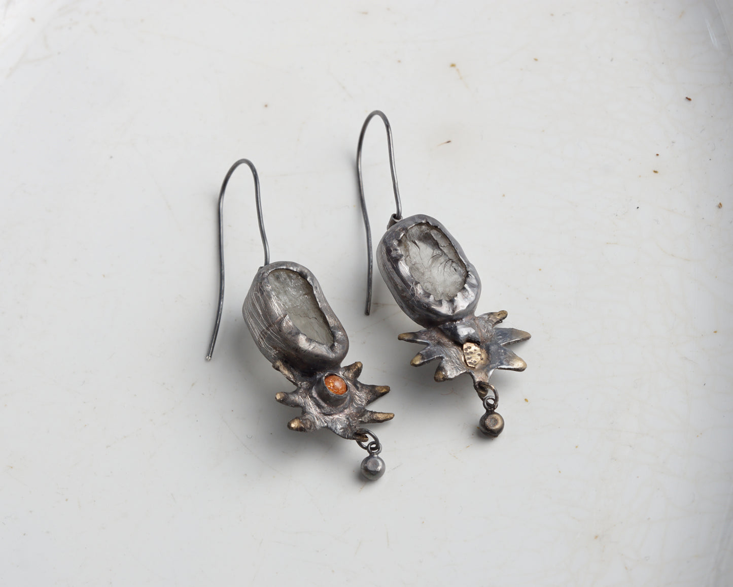 Handcrafted Oxidized Silver Earrings with Sunstone and Kunzite