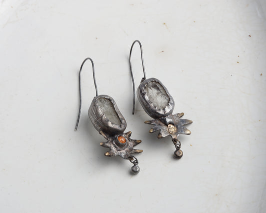 Handcrafted Oxidized Silver Earrings with Sunstone and Kunzite