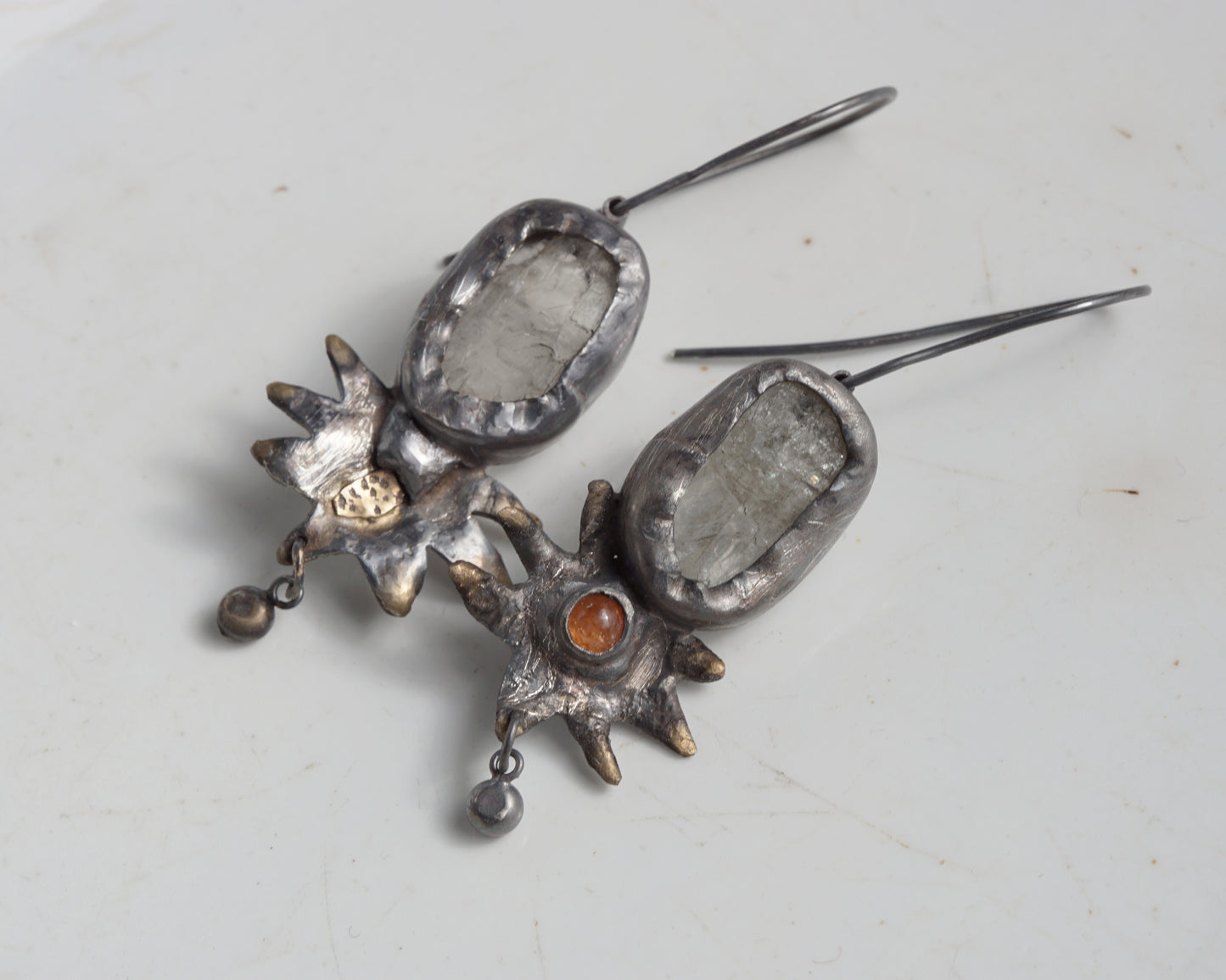 Handcrafted Oxidized Silver Earrings with Sunstone and Kunzite