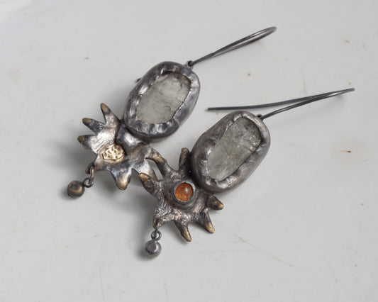 Handcrafted Oxidized Silver Earrings with Sunstone and Kunzite