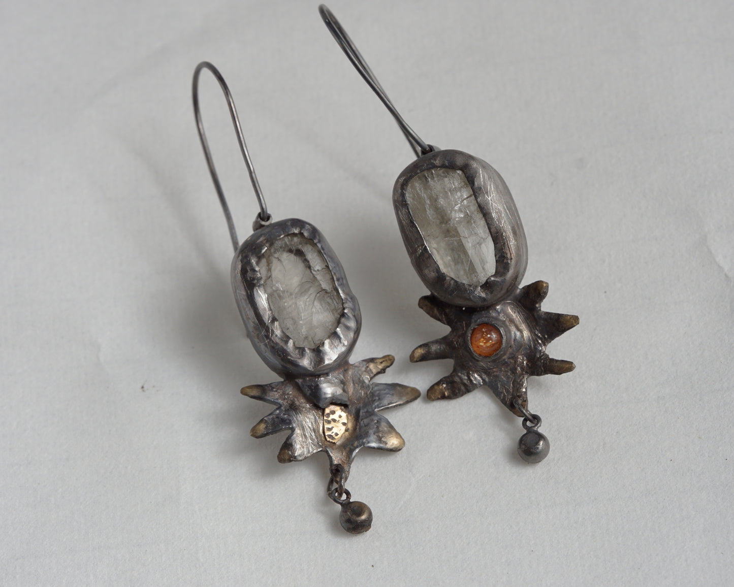 Handcrafted Oxidized Silver Earrings with Sunstone and Kunzite