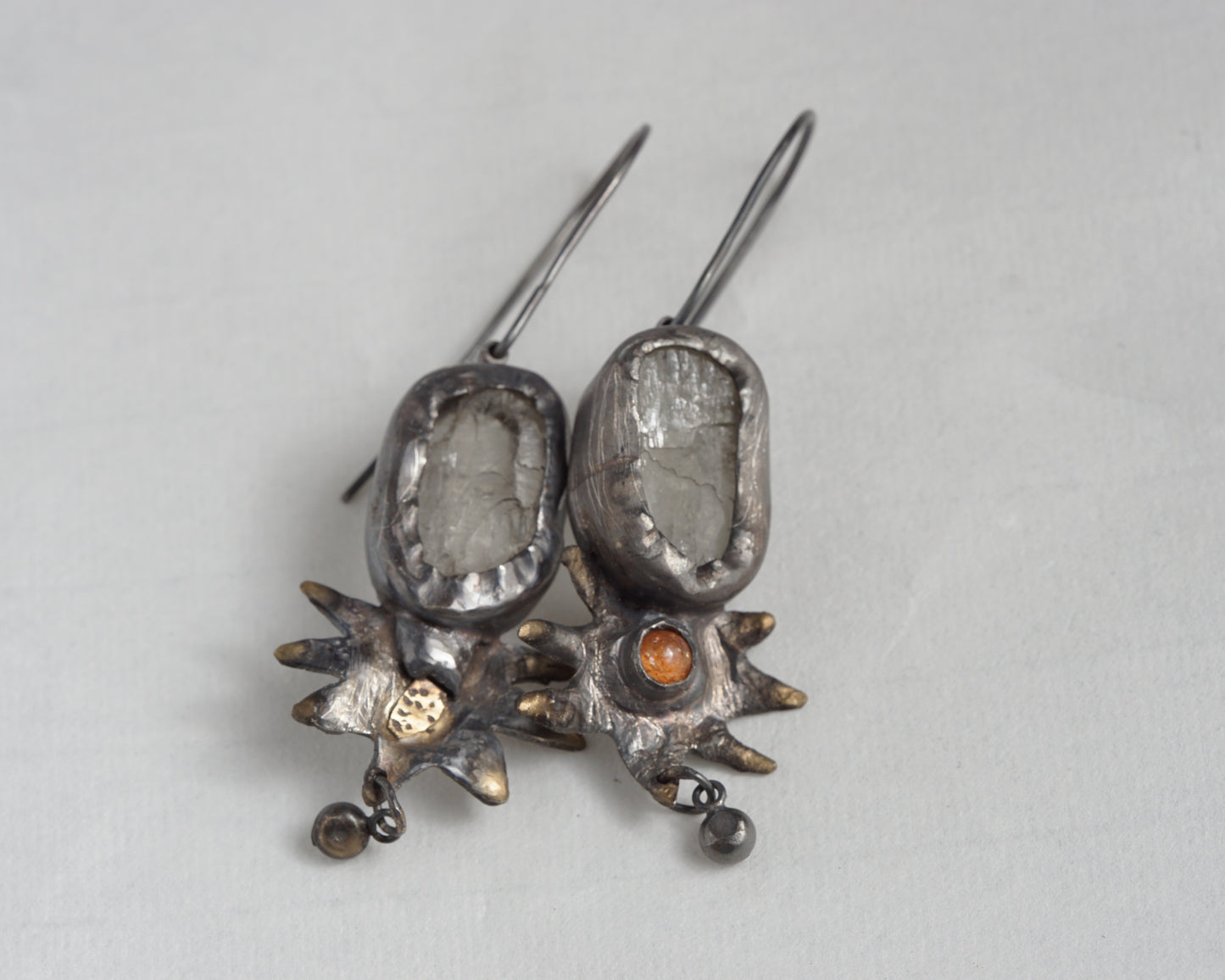 Handcrafted Oxidized Silver Earrings with Sunstone and Kunzite