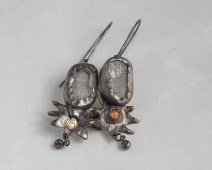 Handcrafted Oxidized Silver Earrings with Sunstone and Kunzite