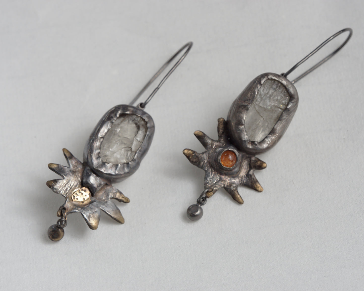 Handcrafted Oxidized Silver Earrings with Sunstone and Kunzite