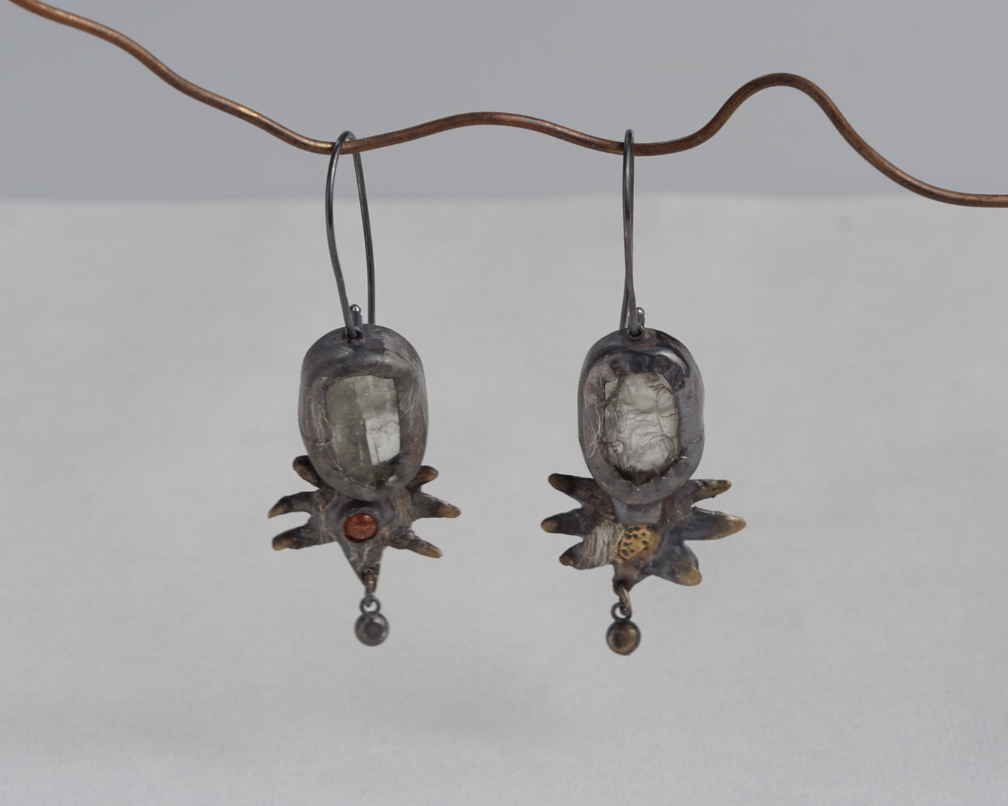 Handcrafted Oxidized Silver Earrings with Sunstone and Kunzite