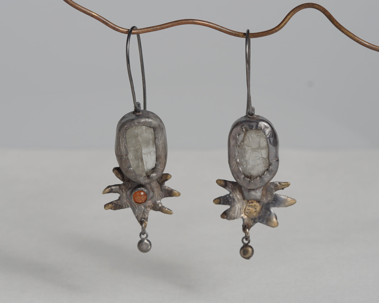 Handcrafted Oxidized Silver Earrings with Sunstone and Kunzite