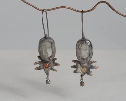 Handcrafted Oxidized Silver Earrings with Sunstone and Kunzite