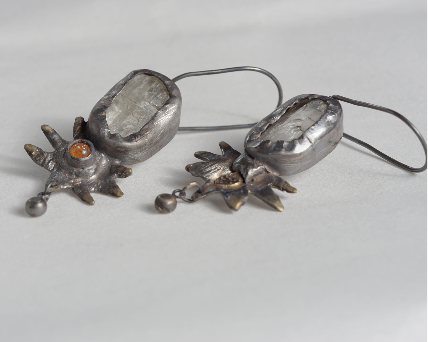 Handcrafted Oxidized Silver Earrings with Sunstone and Kunzite