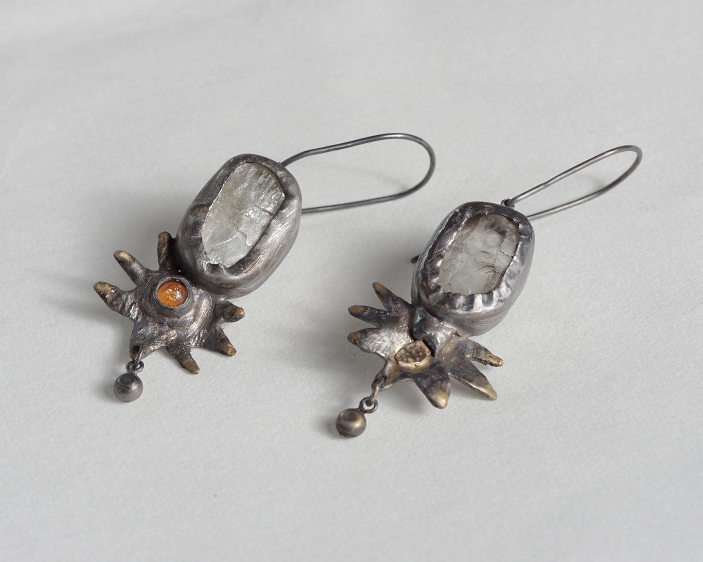 Handcrafted Oxidized Silver Earrings with Sunstone and Kunzite
