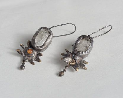 Handcrafted Oxidized Silver Earrings with Sunstone and Kunzite