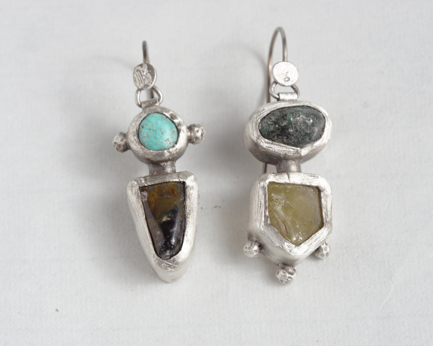 Handcrafted Silver Earrings with Turquoise, Pietersite, Emerald & Green Garnet