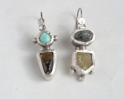 Handcrafted Silver Earrings with Turquoise, Pietersite, Emerald & Green Garnet
