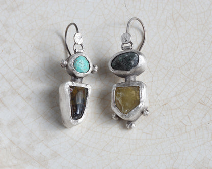 Handcrafted Silver Earrings with Turquoise, Pietersite, Emerald & Green Garnet