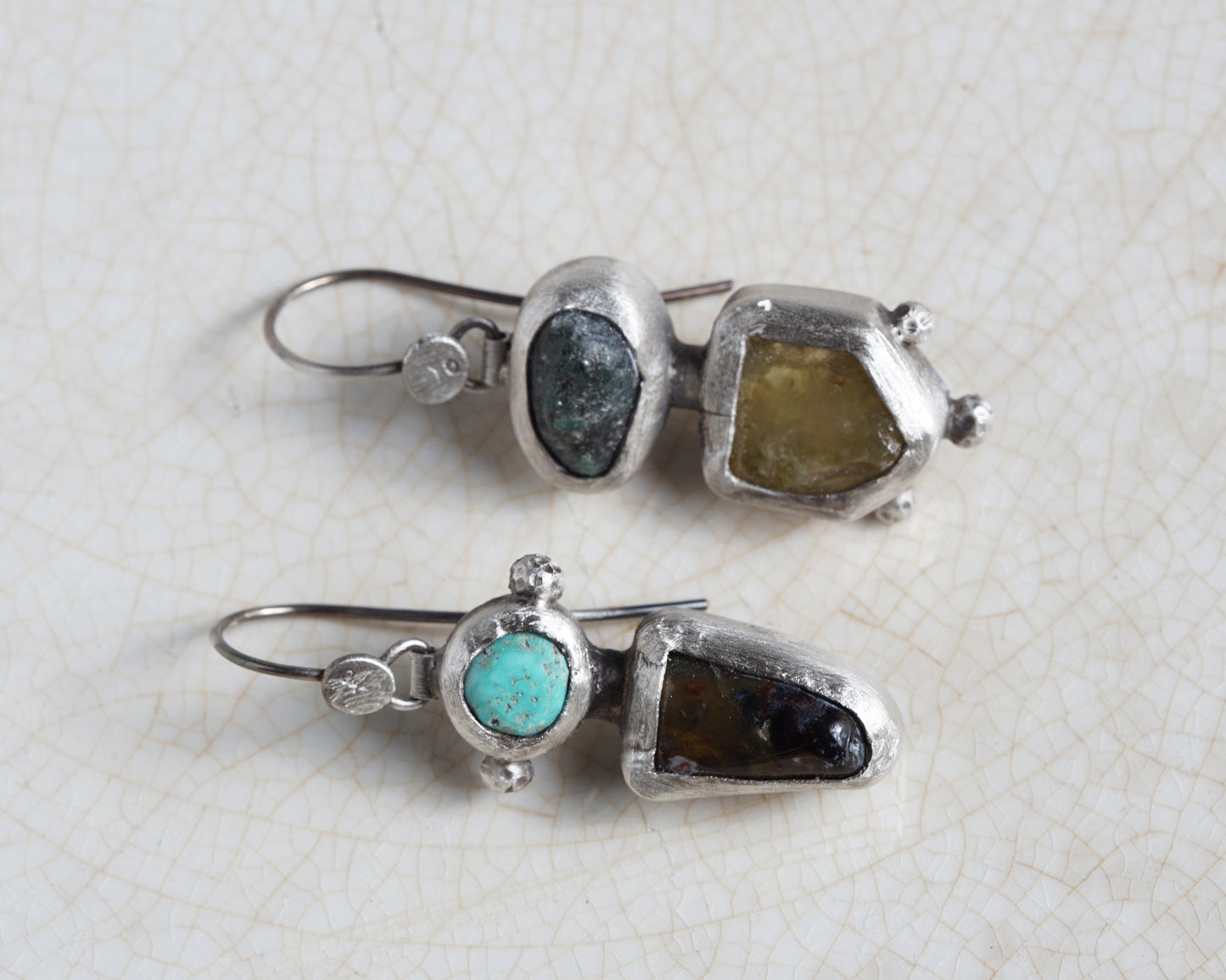 Handcrafted Silver Earrings with Turquoise, Pietersite, Emerald & Green Garnet