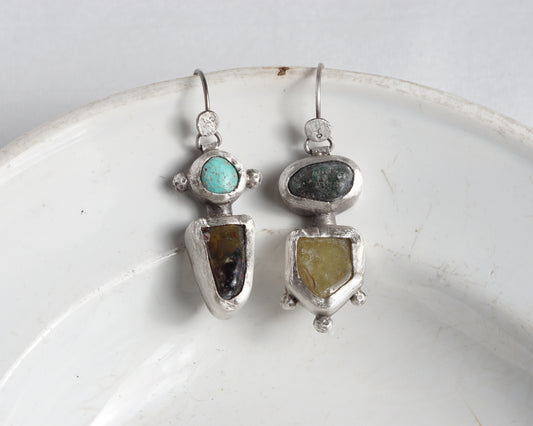 Handcrafted Silver Earrings with Turquoise, Pietersite, Emerald & Green Garnet