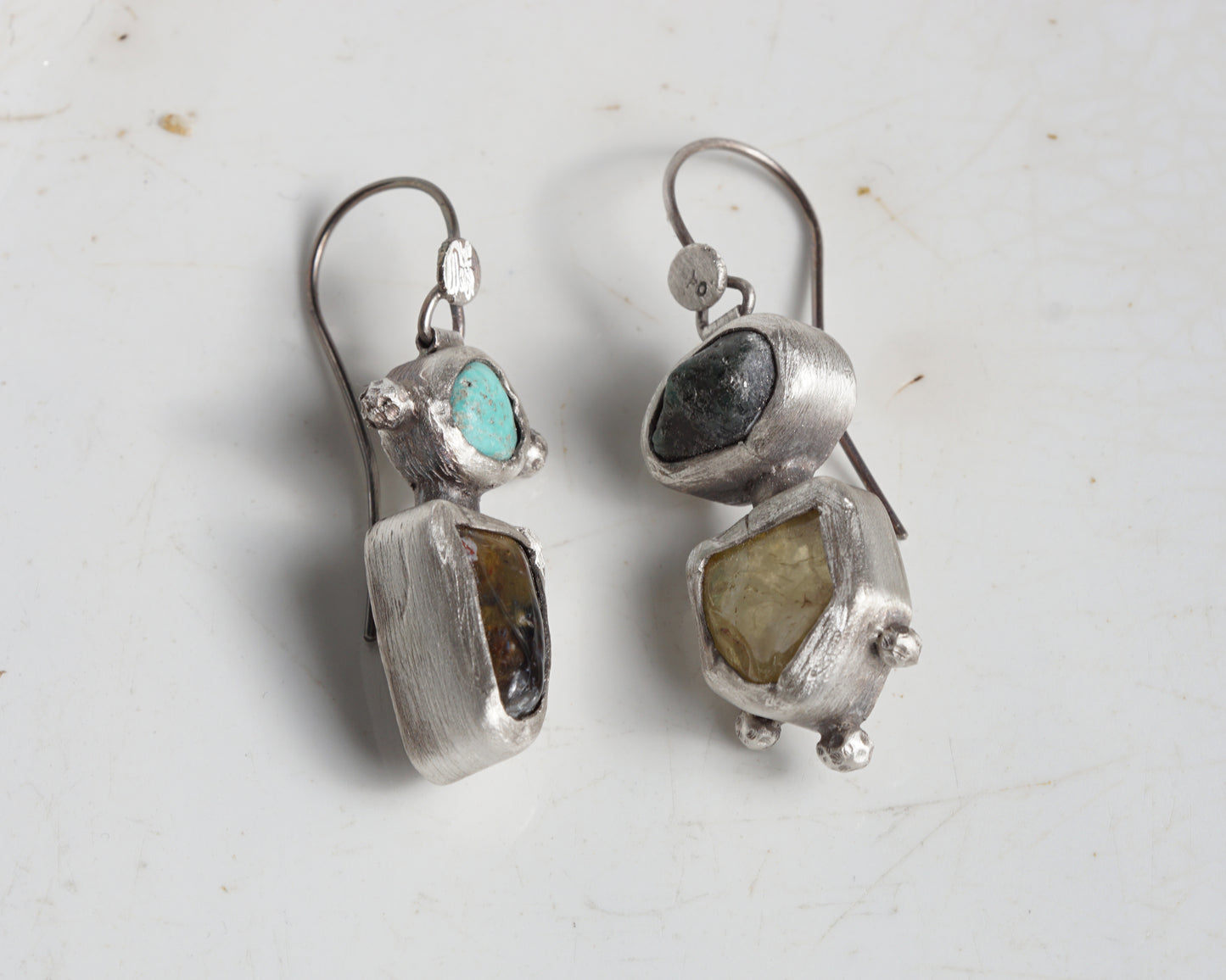 Handcrafted Silver Earrings with Turquoise, Pietersite, Emerald & Green Garnet