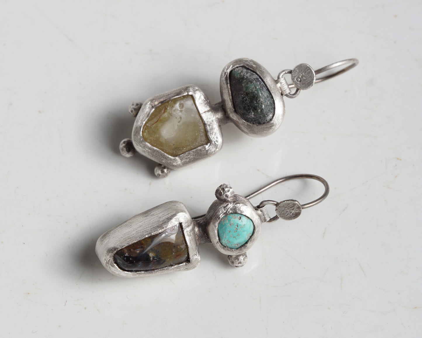 Handcrafted Silver Earrings with Turquoise, Pietersite, Emerald & Green Garnet