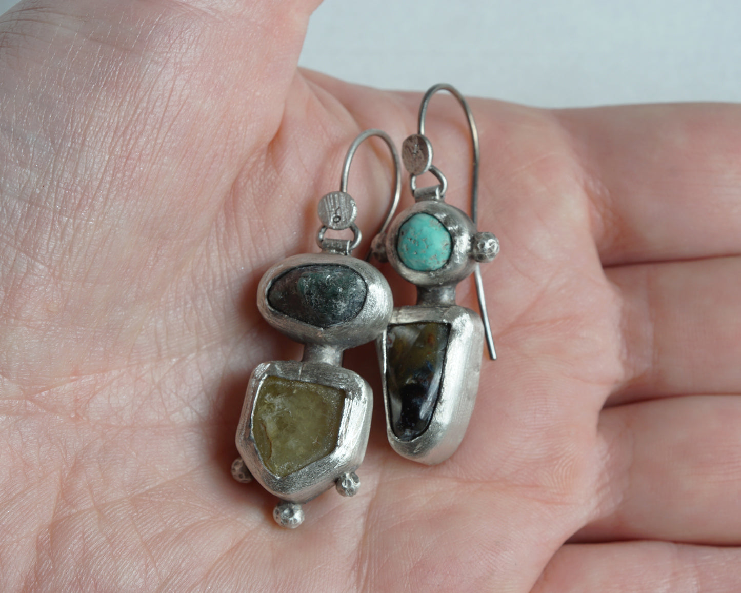 Handcrafted Silver Earrings with Turquoise, Pietersite, Emerald & Green Garnet