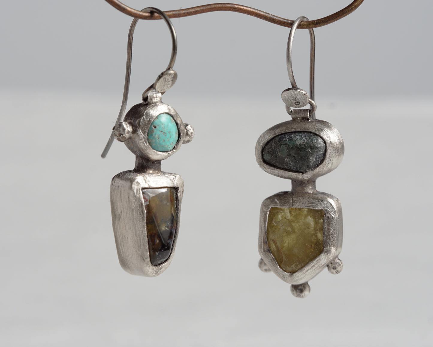 Handcrafted Silver Earrings with Turquoise, Pietersite, Emerald & Green Garnet